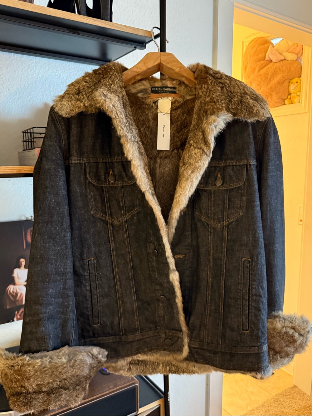 Vintage Dolce & Gabbana Dark Denim Jacket with Brown Rabbit Fur Lining